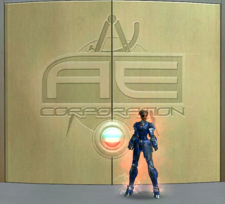 Ma Ae, an SS/electric brute, posing in front of AE Corporation doors