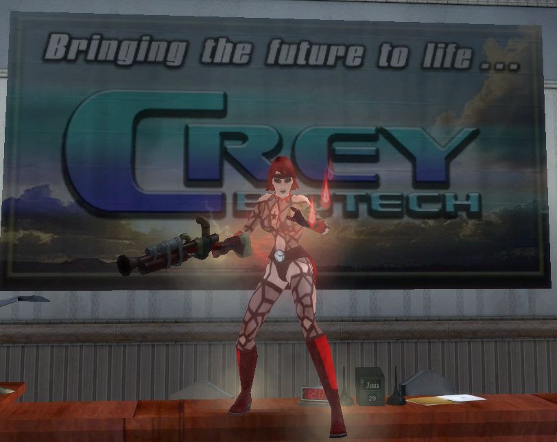 full body pose of Doozy the Floozy, a science corruptor, standing in front of Crey sign