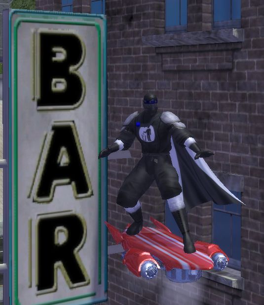 Retcon the Never-Was, a mutant scrapper, rocket-boarding by a BAR sign