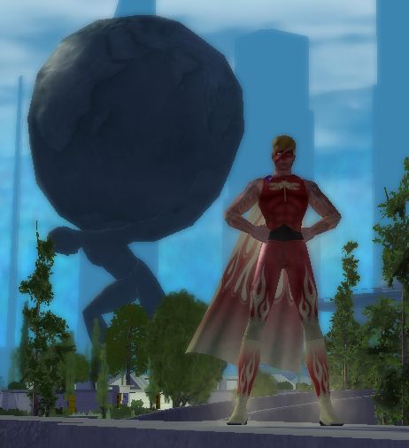 full body pose of Rod Fyre, with Atlas statue in background
