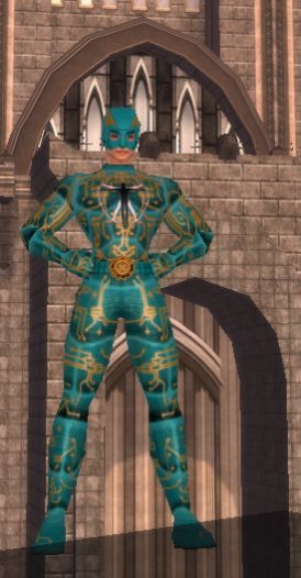 full body pose of Teal Zeal, standing in front of building in Cap Au Diable
