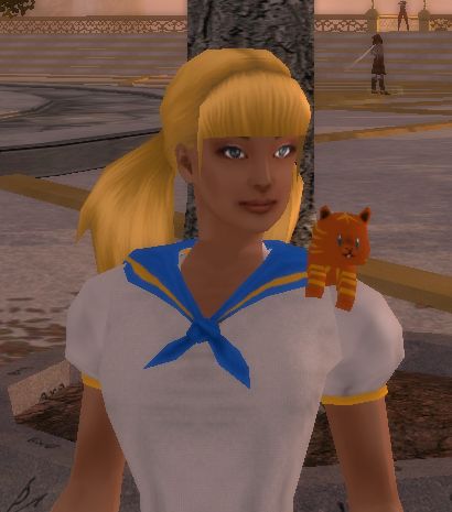 Kit and Kat, bust view, with cat plushie on her shoulder