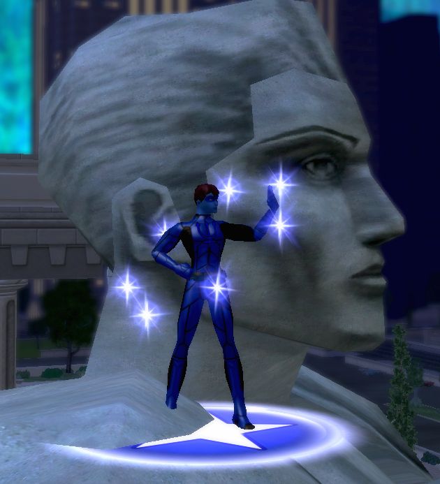 Amazingly Cool, a science defender, standing on a statue in formal hero stance